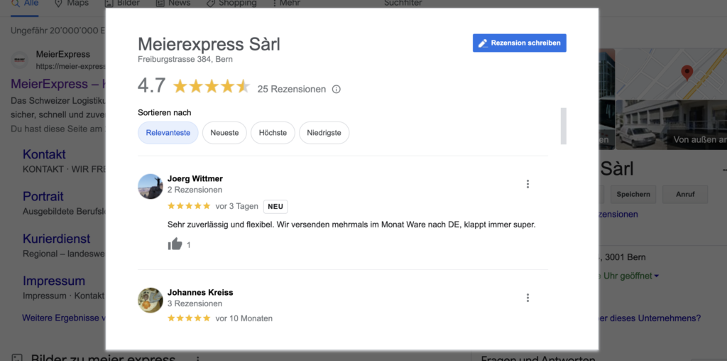 Exemple d'évaluations en ligne du service de messagerie Meier Express